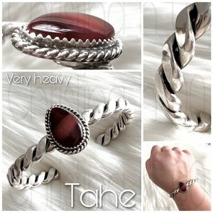 Tahe heavy silver cuff bracelet red carnelian or tigers eye